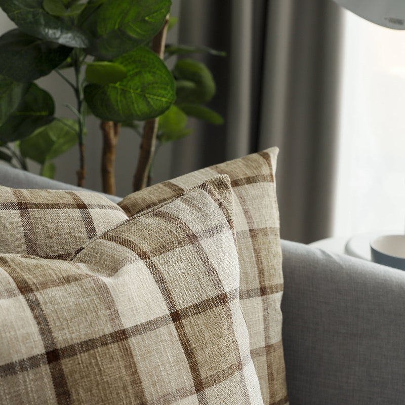 UGS UGASA UGASA Classic Retro Checkered Plaids Cotton Linen Cushion Cover Square Throw Pillow Cover 5 Tone Modern Farmhouse Cushion for Sofa, 18x18 Inch(45cm), Set of 2, Natural + Brown - Image 3